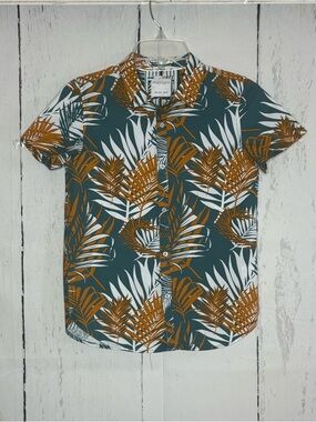 Denim & Flower Teal, White & Brown Tropical Short-Sleeve Button-Up